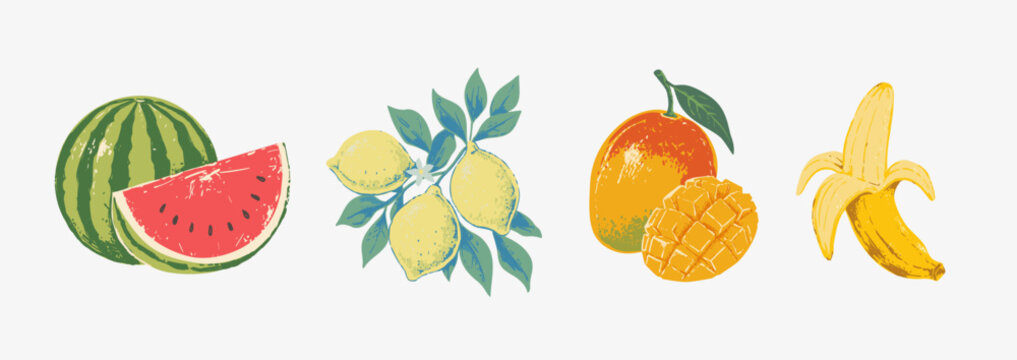 Vintage hand drawn tropical fruit collection featuring watermelon, orange, mango, lemons and banana in a colorful engraved botanical illustration style.