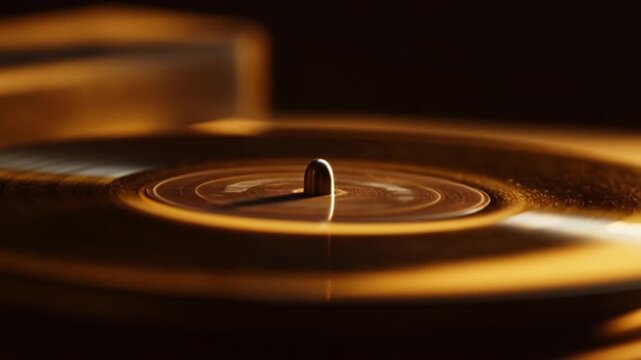 Spinning vinyl record on turntable in golden light, 4K video

