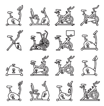 Collection of exercise bike icons in a clean line drawing style on a white background for fitness apps