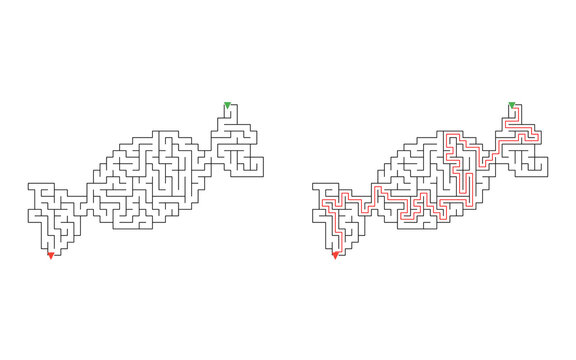 Christmas candy cane shaped maze activity with black labyrinth lines, green start and red finish arrows, and solution route highlighted in red on white background