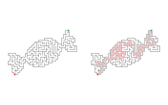 Christmas candy cane shaped maze puzzle with black labyrinth lines, green start and red finish arrows, and solved route highlighted in red on white background