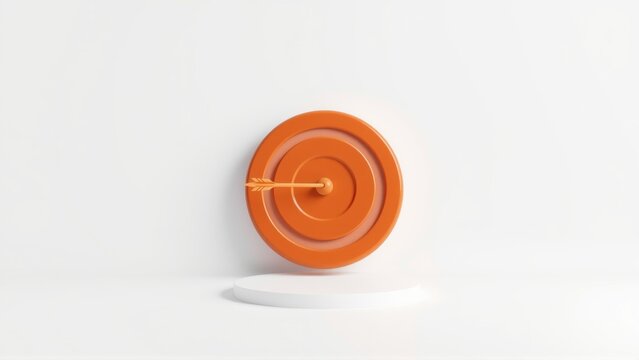 Orange yoyo rests upon white pedestal. String extends outward, simple design, clean presentation. Minimalist aesthetic, studio lighting.