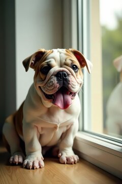 Adorable bulldog puppy cleaning window with tongue, horizontal, glass, vertical