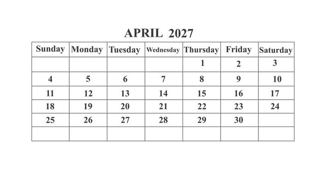 April 2027 monthly calendar animation on dark background with alpha channel, suitable for planning, scheduling, date, business and time management 