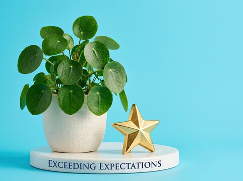 Green potted plant next to a gold star on an exceeding expectations stand suitable for corporate use symbolizing growth and high achievement