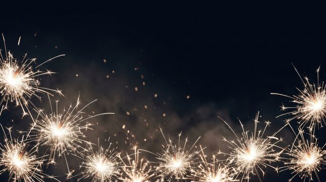Sparklers burning brightly during a celebration against a dark background with smoke