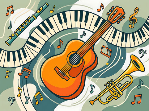 Musical instruments illustration with guitar piano flute and trumpet