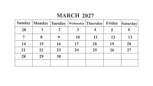 March 2027 calendar page with highlighted date march 