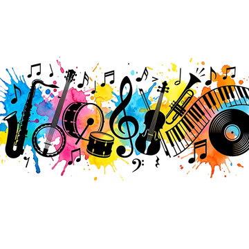 Musical instruments silhouettes with colorful watercolor splashes on white