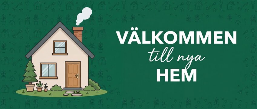 New home welcome banner illustration featuring cozy house with Swedish text V&auml;lkommen till nya hem for real estate relocation, housewarming greeting, property buying concept and housing background.