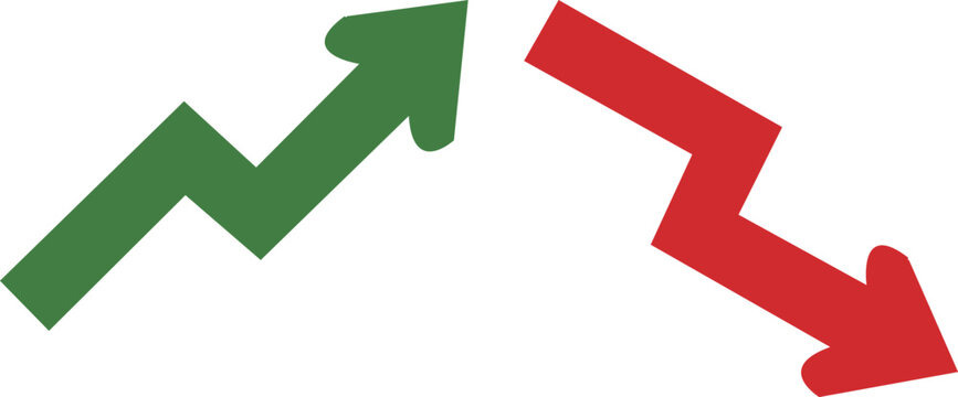 Green up arrow and red down arrow, financial graphs and charts vector illustration