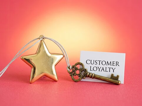 Gold star and vintage key with customer loyalty card suitable for marketing and business media symbolizing trust reward and client retention