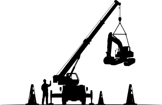 Silhouette of a construction worker operating a mobile crane lifting an excavator on a clear white background, for industry