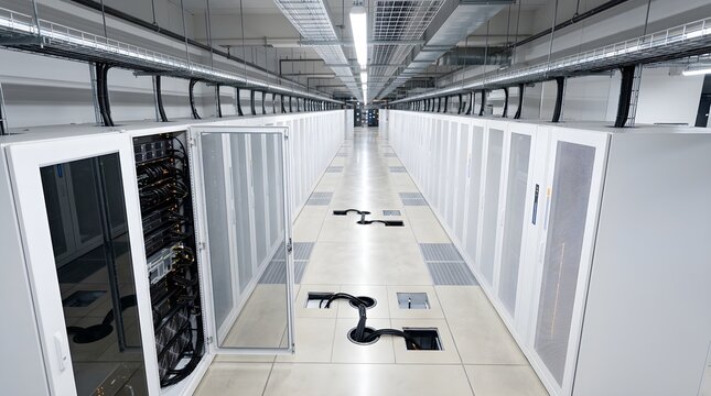 Interior of a professional server room with rows of white server cabinets, cable management, and raised floor tiles in a modern data center