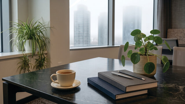 Heartleaf Philodendron Office Table Colombo, Productivity and Study Concept, Premium Commercial Photography Style