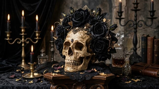 Human skull decorated with black roses isolated on a transparent background