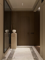 Elegant hallway interior with dark wood walls and marble floor