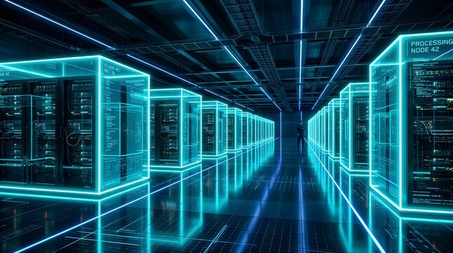 Futuristic data center with glowing blue holographic server racks and digital processing nodes in a hightech environment