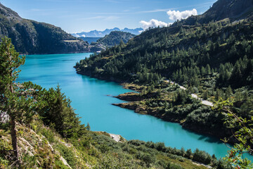 Fototapeta premium Scenic view of a turquoise lake surrounded by mountains and trees