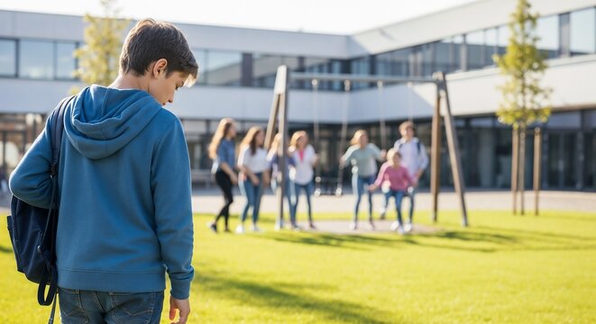 Boy walking away from friends watching children playing on swings in school playground. Young boy feels excluded as group of kids enjoys time together outside in sunny environment.