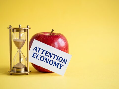 Vintage hourglass and red apple with Attention Economy note ideal for business media representing time value focus and digital marketing