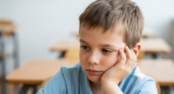 Thoughtful boy placing hand on desk with chin resting, looking pensive in classroom setting. Focused child deep in thought while sitting at desk with empty classroom background.
