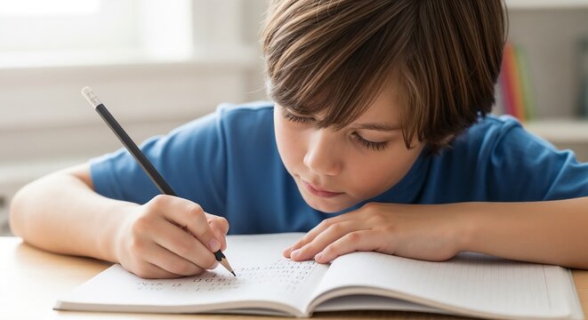 Boy practicing handwriting at home with notebook and pencil, focused on learning and writing skills. Child engaged in educational activities, developing literacy and fine motor skills for school.