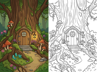 Obraz premium Enchanted tree house vector illustration featuring whimsical mushrooms and glowing lantern lights in a stylized fairy forest coloring book page