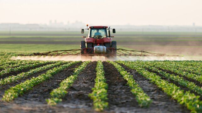 The Tractor Sprayer Over a Row Crop Field at Dawn