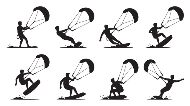 Kitesurfing Athlete Cartoon Silhouette Vector Set with Eight Dynamic Board and Kite Sports Poses