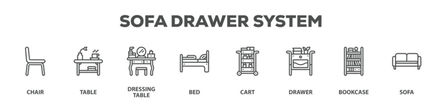 Sofa Drawer System with icon of Chair, Table, Dressing table, Bed, Cart, Drawer, Bookcase, Sofa