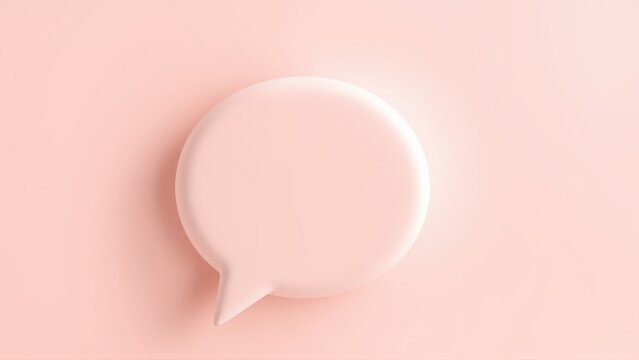 Pale pink speech bubble dominates image. Minimalist design, soft shadows, flat surface. Simple communication concept presented visually.