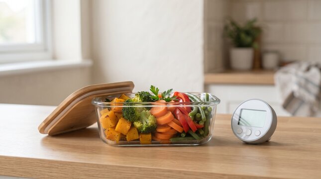 Fresh chopped vegetables in a glass container on a kitchen counter