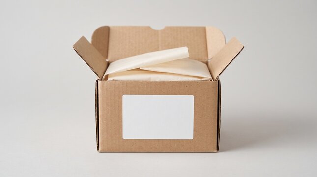 An open cardboard box containing items wrapped in beige tissue paper with a blank rectangular white shipping label on the front, set against a solid neutral background.