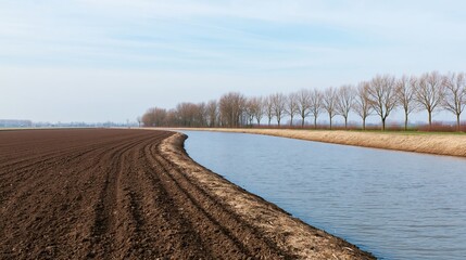 Obraz premium The Canal in Plowed Field with Row of Trees under Open Sky