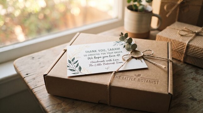 A rustic cardboard gift box adorned with a handwritten note, twine, and a small sprig of greenery, placed on a wooden surface near a window with soft, warm natural light.