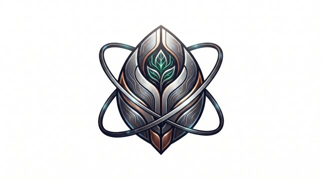 A detailed digital illustration of a futuristic, metallic, shield-like emblem with an atomic orbital structure, featuring a glowing teal leaf-like centerpiece, centered against a white background.