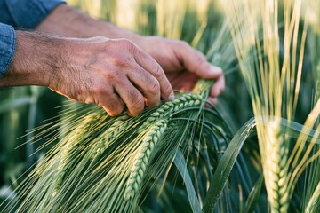 Obraz premium The Wheat Harvest: Close-Up of Hands Handling Fresh Grain in a Field