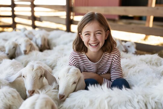 The smiling girl with fluffy sheep in a sunlit rustic barnyard scene