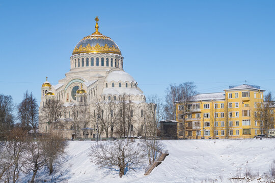 View of St. Nicholas the Wonderworker cathedral on a sunny February day. Kronstadt
