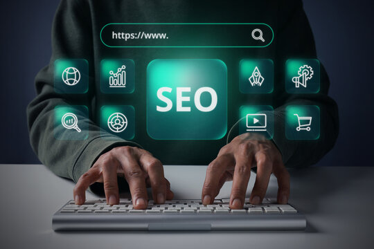 Man Typing on Keyboard Under Search Engine Optimization Interface