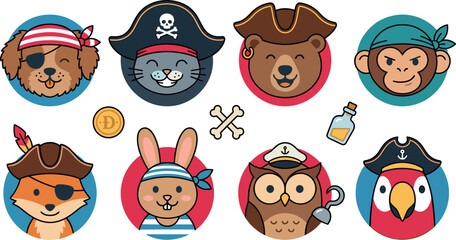 Obraz premium Cute pirate animal avatar icons vector set featuring cartoon character faces dog cat bear monkey fox rabbit owl parrot isolated on white