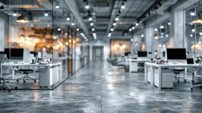 Modern open plan corporate office interior featuring sleek workstations and warm golden lighting in a blurred professional business work space