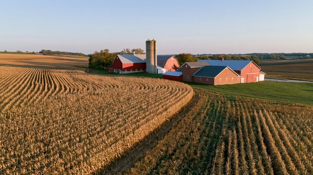 The Farmstead with Red Barns and Silo Under Golden Evening Light