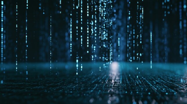 Abstract digital rain of blue binary code falling in dark futuristic setting