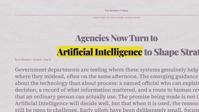 Animated press montage of newspaper headlines regarding artificial intelligence law and authorship rules.