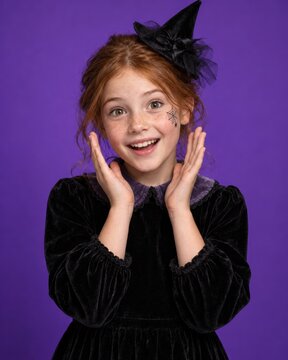 Happy little girl wearing witch costume and hat for Halloween party celebration.