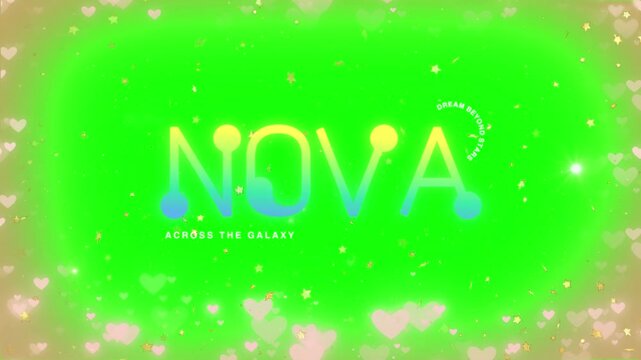 Logo animation featuring the word nova styled with glowing dots and futuristic lines set against a vivid green chroma key background surrounded by hearts.