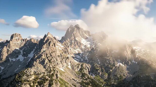 Majestic mountain peaks with white clouds and blue sky, cinematic aerial view of rugged alpine mountain range, dramatic rocky mountain landscape with snow patches and golden sunlight