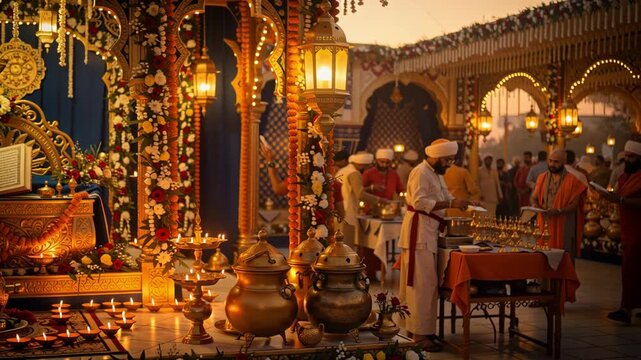 Grand Gurpurab Festival Celebration With Sacred Book And Volunteers